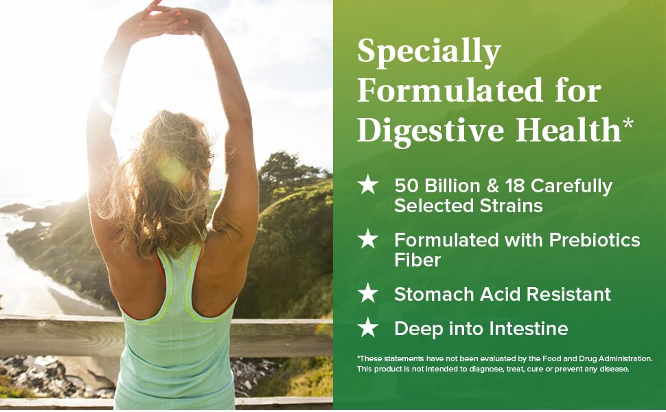 NatureMyst Probiotics Digestive Health 50B 18 Strains Prebiotic Fiber Deep into Intestine