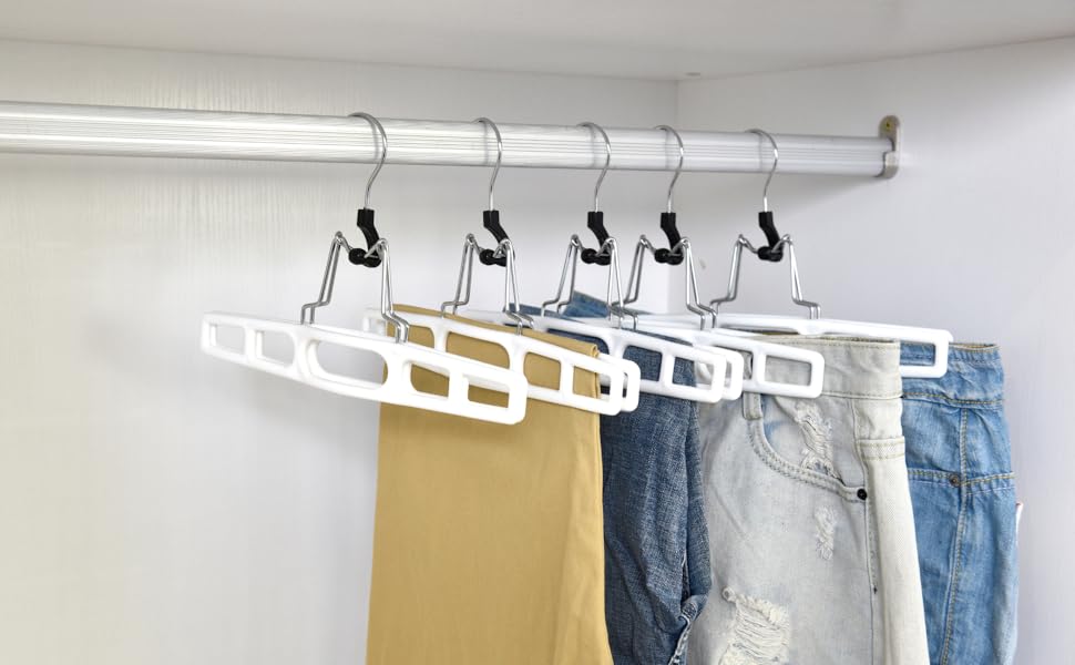 Plastic skirt hangers pant hangers with strong grip to hold heavy clothing items like pants skirts