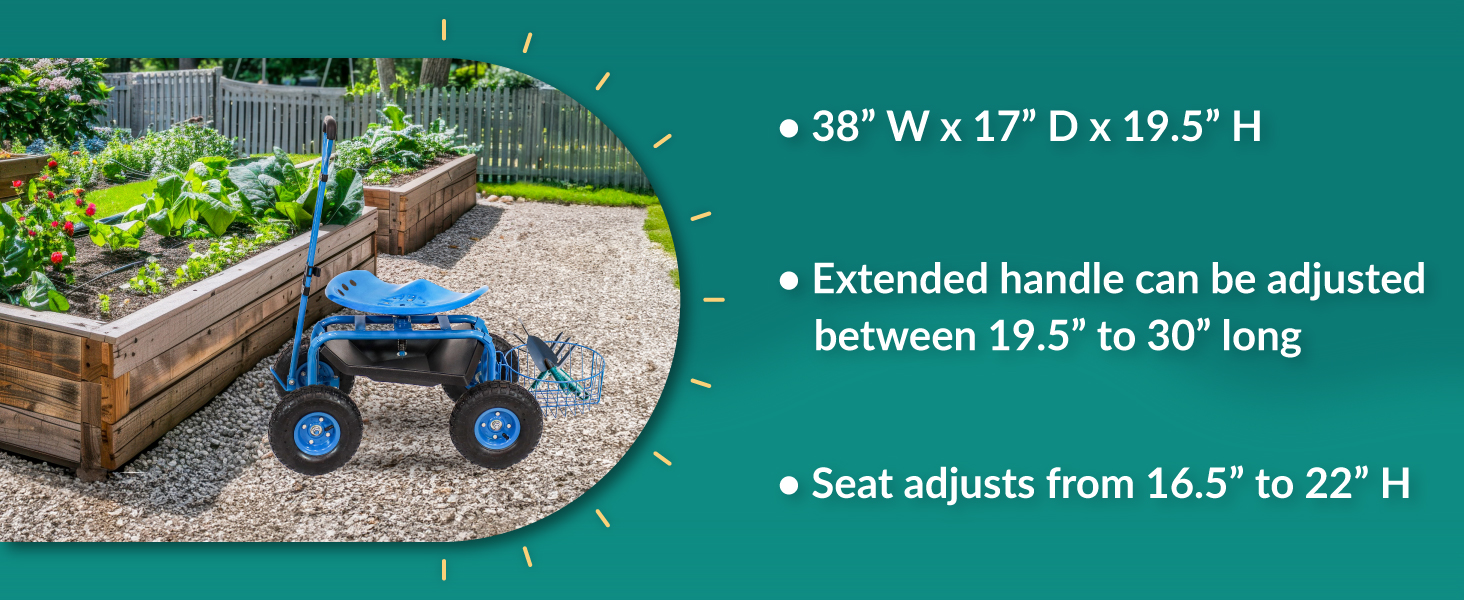 handle adjusts between 19.5 inches to 30 inches long seat adjusts from 16.5 inch to 22 inch height