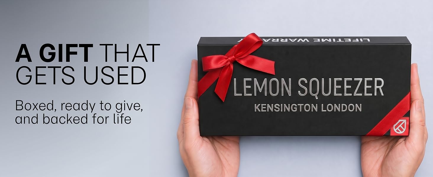 Two hands hold a boxed lemon squeezer gift set that carries a lifetime usage.