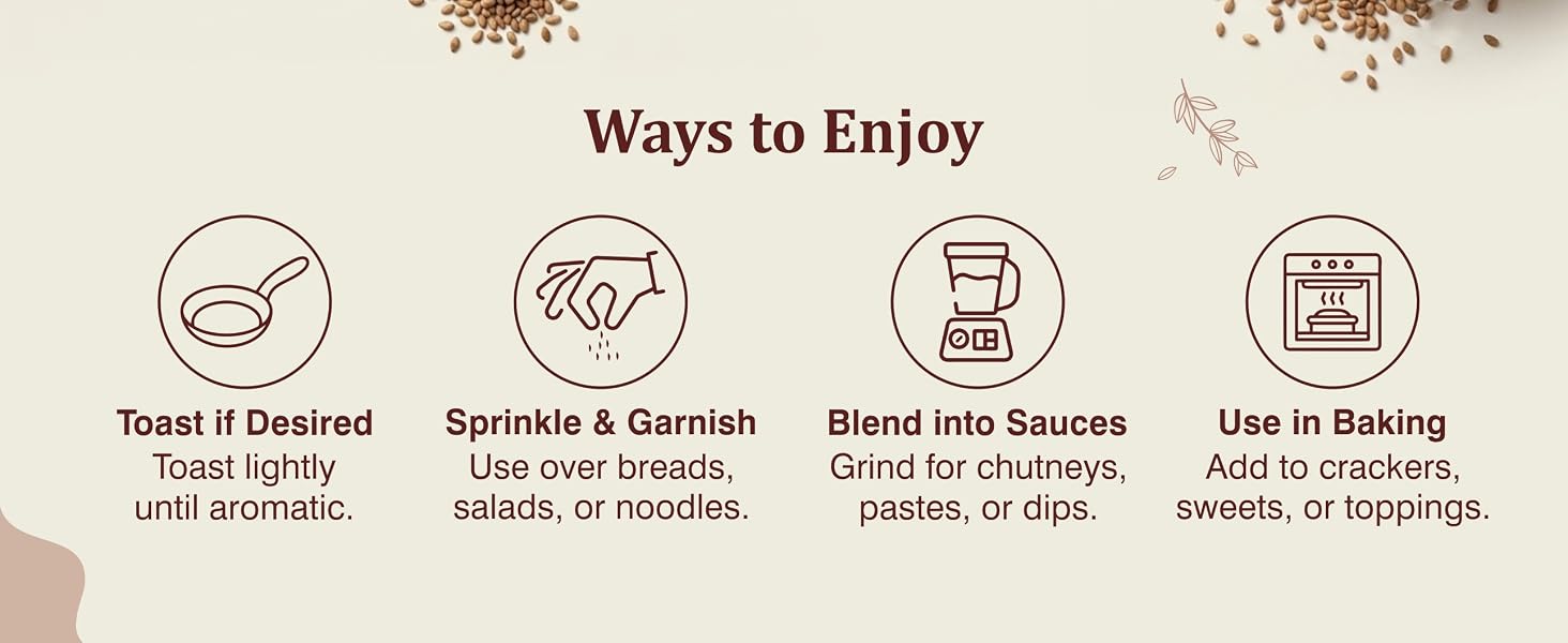 Aiva Brown Sesame Seeds usage guide with toast, sprinkle, blend, and baking steps.