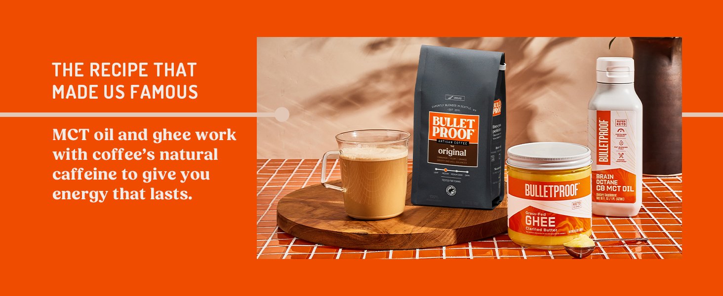 MCT oil and ghee work with coffee's natural caffeine to give you energy that lasts.