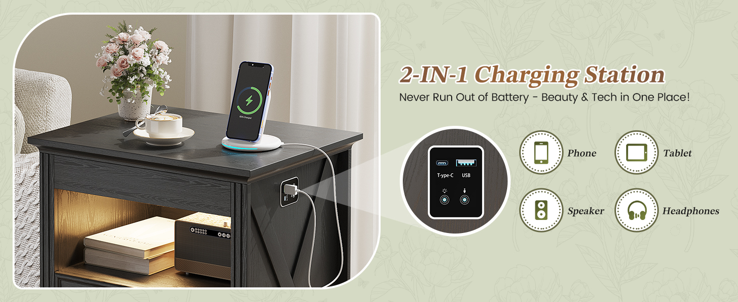 bedside table with charging station and drawers