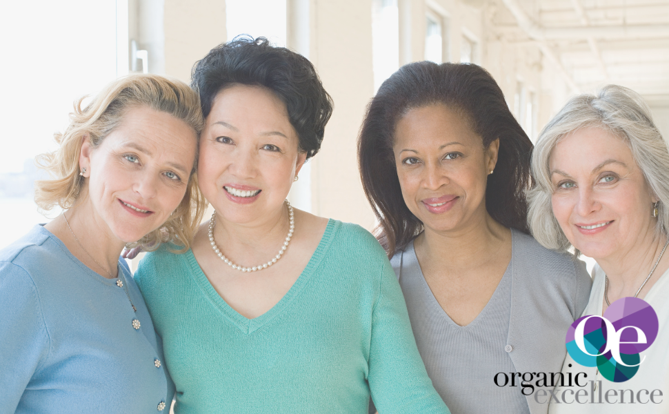 Four smiling healthy mature women use organic excellence progesterone cream for women