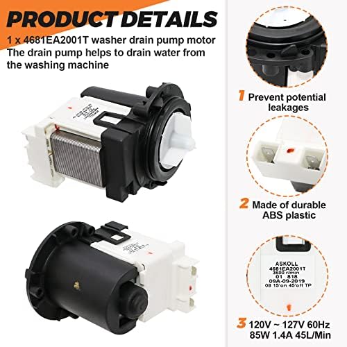 4681EA2001T Washer Drain Pump OEM Motor Replace for Kenmore & LG Washing Machine Replacement AP5328388 4681EA1007G 4681EA1007D Fit for Drain Pump