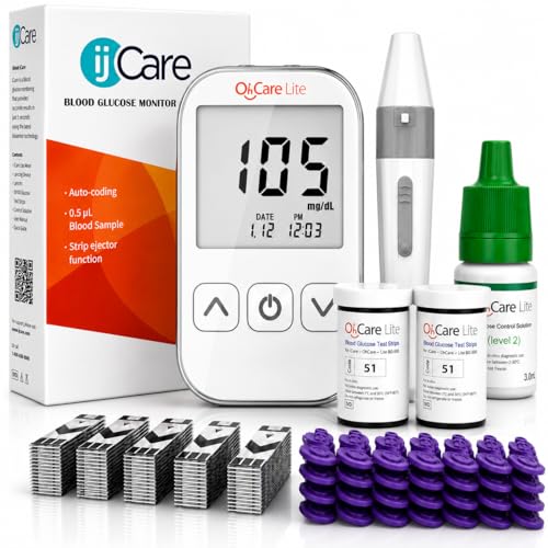 Oh’Care Lite Blood Sugar Test Kit – Blood Glucose Meter with Strips and Lancets, Lancing Device, Log