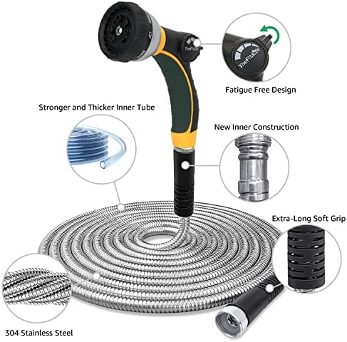 TheFitLife Flexible Metal Garden Water Hose - Upgrade Leak and Fray Resistant Design, Stainless Steel with Solid Fittings and Sprayer Nozzle