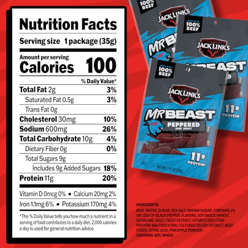 Jack Link's MrBeast Beef Jerky, Peppered Beef Jerky - 10 Count | As Seen on Beast Games, 11g Protein, Made with 100% Real Beef, Pantry-Ready Snacks
