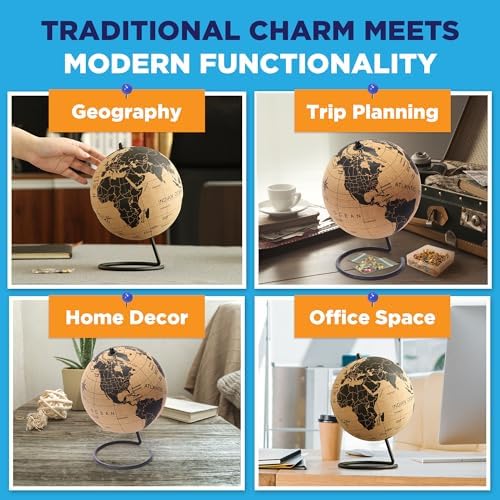 Cork Globe with Push Pins - 9.4” Globe with Map of the World and Rotating Stand for Adults