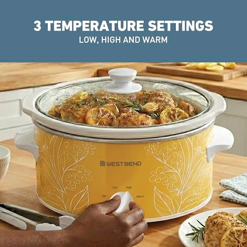 West Bend Slow Cooker 4-Quart Manual Crockery Style with Dishwasher Safe Oval Ceramic Crockpot and Glass Lid Two Temperature Settings Plus Keep Warm, 210-Watts, Black