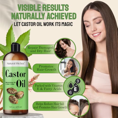 Natural Riches Castor Oil Cold pressed for Dry Skin Hair Loss Dandruff Thicker Hair - Moisturizes heals Scalp Skin Hair growth Thicker Eyelashes & Eyebrows