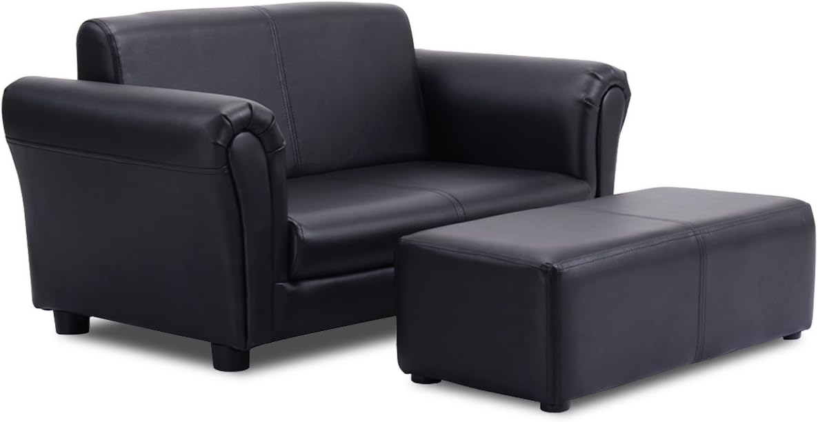 Costzon Kids Couch with Footstool, 2 in 1 Double Seat Children's Sofa w/PU Leather Surface, Armrest Chair Lounge, Soft Kids Sofa for Preschool Bedroom Kids Room Toddlers Boys Girls Birthday (Black)