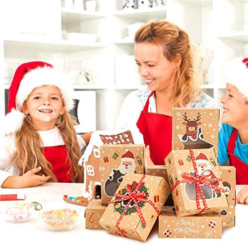 CCINEE Christmas Cookie Boxes,Kraft Treat Box with Window Ribbons for Bakery Candy Gift Giving Supplies,Pack of 12