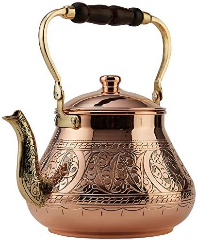 DEMMEX Large Copper Teapot, 1mm Thick, Engraved, Handcrafted in Turkey, 3.1 Quarts (2.9L)