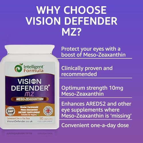 Vision Defender MZ Meso-Zeaxanthin 10mg Vegan Eye Supplement, 90 Capsules | Pure Carotenoid Antioxidant from Marigold Extract, Ocular Health Support