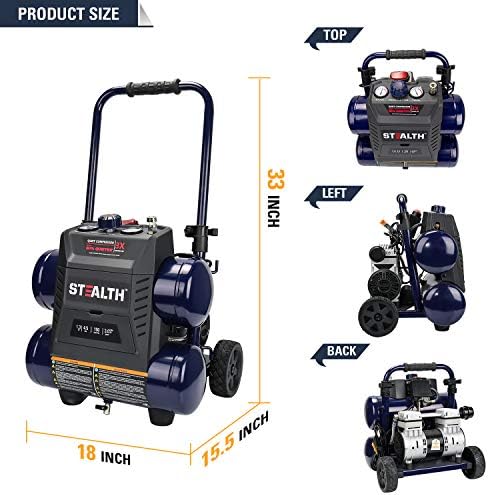 Stealth Quiet Air Compressor with Wheel, 64 Decibel 4.5 Gallon Peak 1.3 HP Max 150 PSI, Oil-Free Air Pump