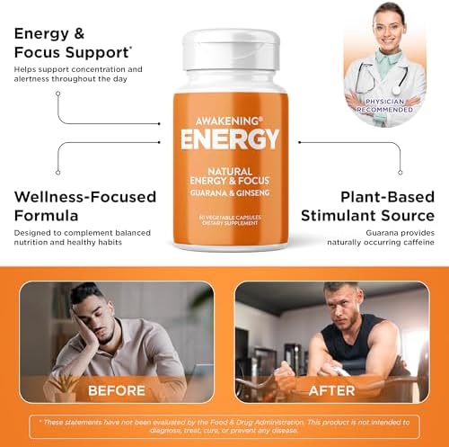 Awakening Natural Energy & Focus Supplement with Panax Ginseng, Guarana Extract & Chromium Picolinate | Brain Supplement for Focus, Energy