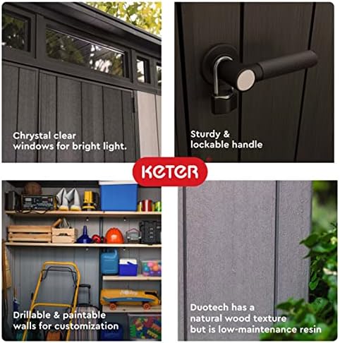 Keter Artisan 9x7 Foot Large Outdoor Shed with Floor with Modern Design for Patio Furniture, Lawn Mower, Tools, and Bike Storage, feet, Grey/Black