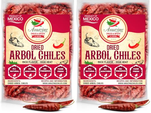 Chile De Arbol 4oz - Dried Whole Red Chili Peppers, Premium All Natural Stemless, Resealable Bag. Use in Mexican, Chinese and Thai Dishes. Spicy Hot Heat Full of Flavor