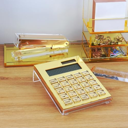 Acrylic Calculator with Stand, Battery and Solar Hybrid Powered Basic Calculator 12-Digit LCD Display,Home Office Desktop Accessories(Silver)