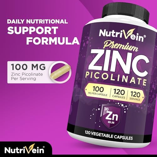 Nutrivein Zinc Picolinate 100 mg Supplement - 120 Capsules, High Absorption