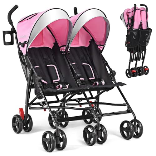 BABY JOY Double Umbrella Stroller, Lightweight Travel Side by Side Twin Stroller with Large Storage, Cup Holder, 5-Point Safety Harness, Adjustable Canopy & Compact Fold for Infant and Toddler (Black)