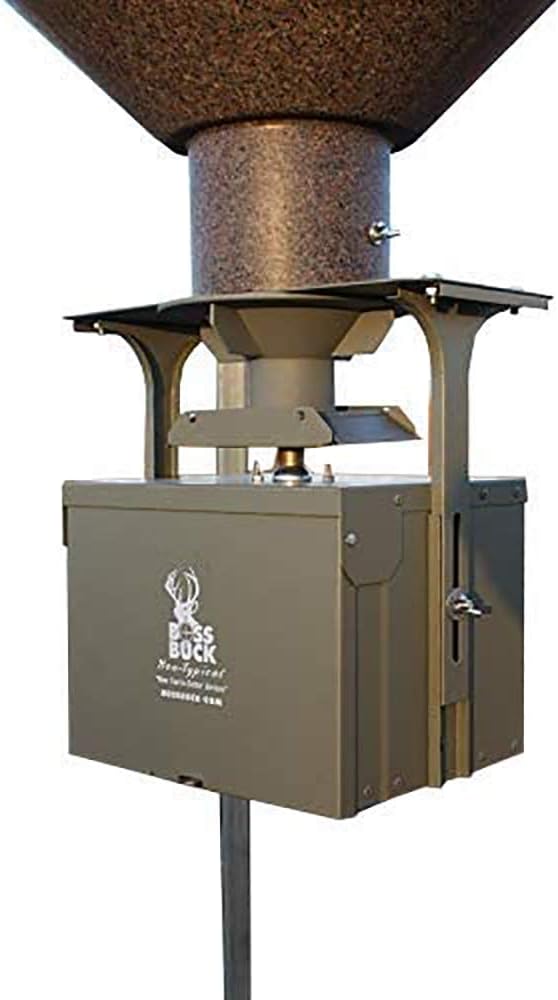 BOSS BUCK 200 LB Deer Feeder/Hunting Durable Lightweight Plastic UV Protected Waterproof Game Feeder with 12V Spinner Automatic Delivery System & Multi-Piece Legs