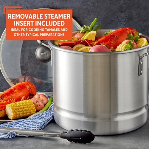 IMUSA USA Steamer with Glass Lid 20-Quart, Silver | Ideal for Tamales, Lobster