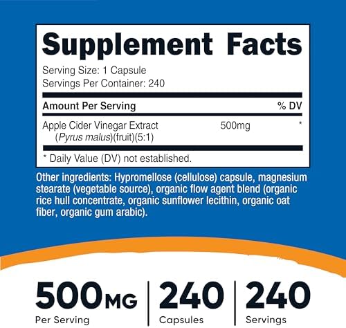Nutricost Apple Cider Vinegar Capsules 500mg, 240 Vegetarian Capsules | Natural, GMO-Free and Gluten Free