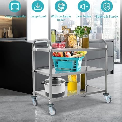 tonchean Extra Large 3 Tier Stainless Steel Cart 37.4 x 19.7 x 37.4 Inch