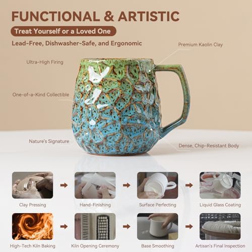 18oz Unique Kiln-Change Ceramic Coffee Mug, Handcrafted Hammered Texture Ceramic Mug with Ergonomic Handle, Microwave & Dishwasher Safe