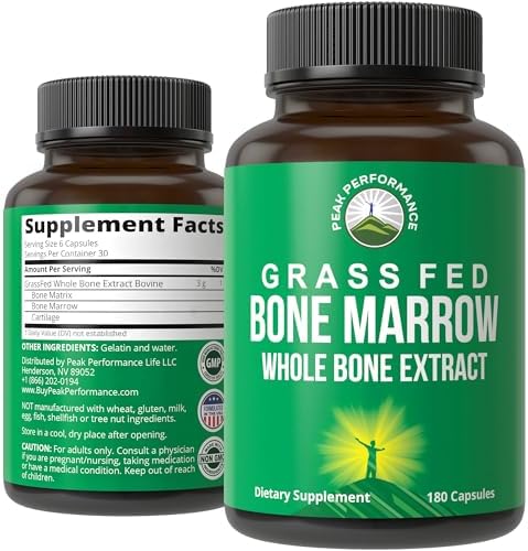 Peak Performance Grass Fed Bone Marrow Whole Extract Supplement 180 Capsule | Superfood Pills Rich in Collagen, Vitamins