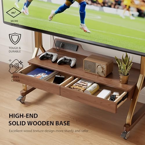 AnywaysWood TV Cart Rolling TV Stand with Wheels for Most 40-75" TVs up to 300lbs Height Adjustable, Tilting, Tall Heavy Duty TV Stand with 2 Drawers Power Strip, for Living Room