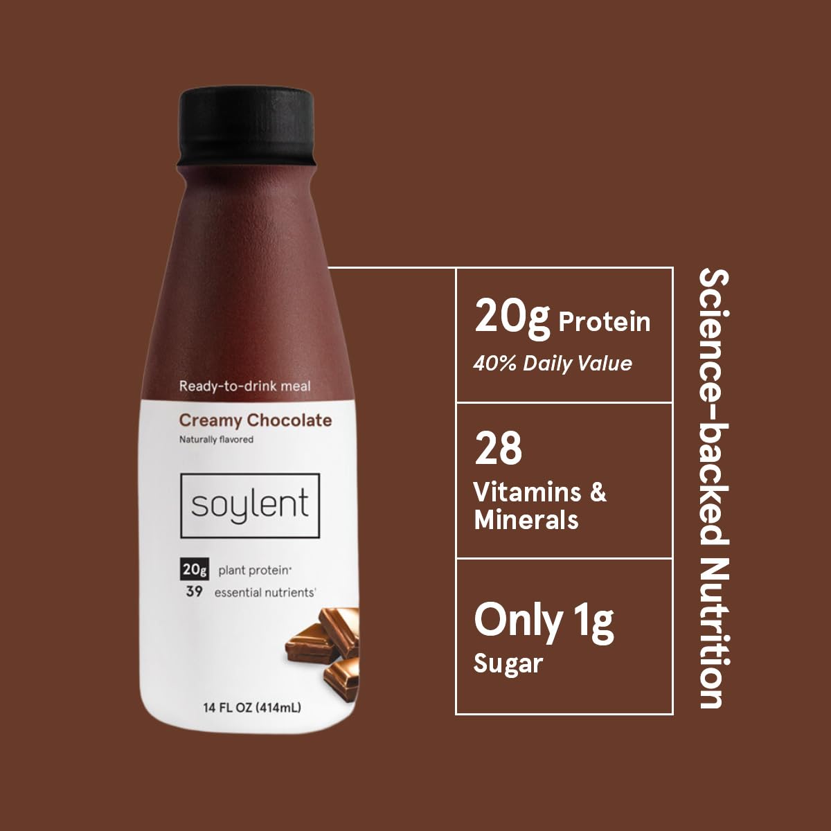 Soylent Creamy Chocolate Meal Replacement Shake, Ready-to-Drink Plant Based Protein Drink, Contains 20g Complete Vegan Protein and 1g Sugar, 14oz