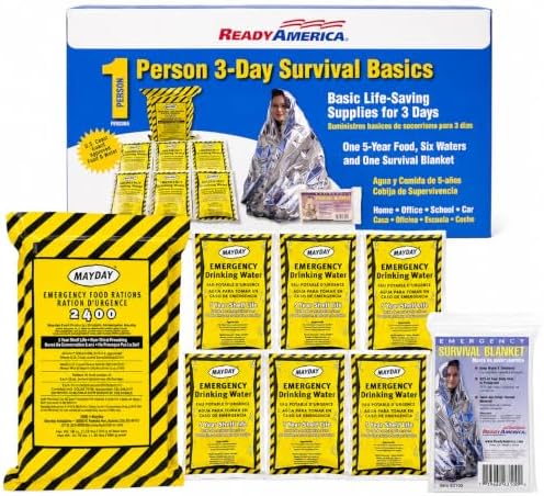 Ready America 3000, 1-Person 3-Day Survival Box, Food Water Blanket | 2400 Calorie Food Bar, Water Pouches, Emergency Blanket, Heat-Retaining Shelter