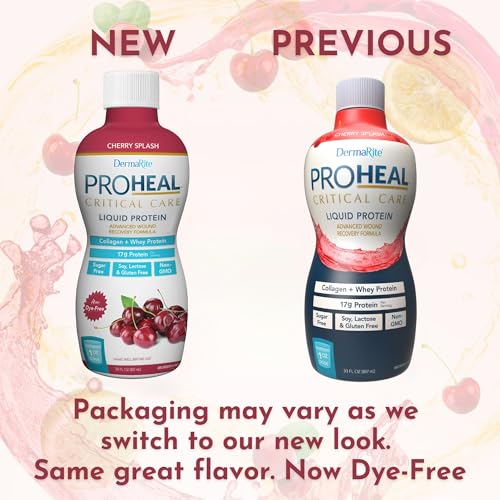 DermaRite ProHeal Protein Supplement, Cherry Splash Flavor, 30 oz, 1 ct | Liquid Protein Wound Recovery Formula, 15g of Collagen and Whey Protein
