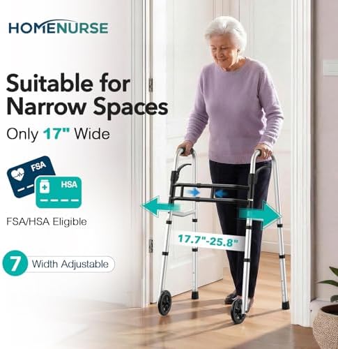 HOMENURSE Folding Walkers for Seniors with Skis, Width & Height Adjustable | Narrow Walker with 5" Wheels for Small Spaces, Aluminum Lightweight Standard Rolling Walker, Supports Up to 300lbs, Silver