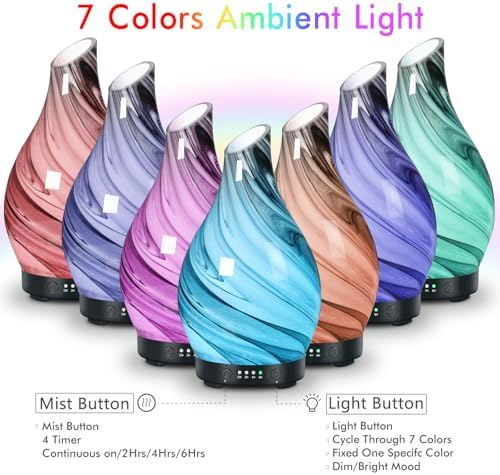 Aromatherapy Essential Oil Diffuser for Home- Art Glass Diffuser for Essential Oils with Waterless Auto Shut-Off 4 Timer 7 Colors LED Night Light