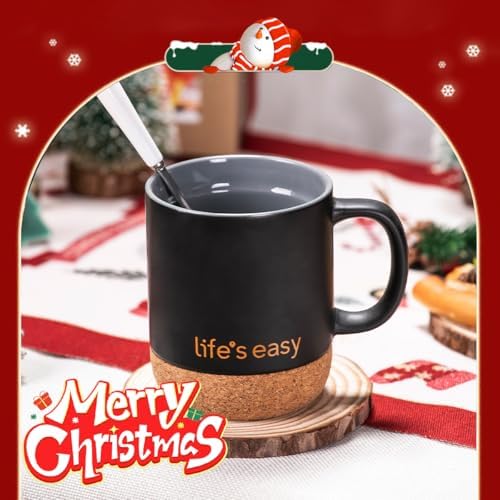 Life's Easy 12 oz Coffee Mug with Insulated Cork Bottom and Push-On Splash-Proof Lid - Black