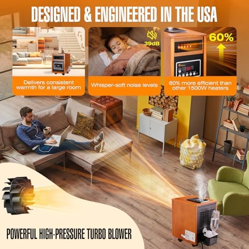 DR. INFRARED HEATER DR-998, 1500W Dual Heating Infrared Space Heater with Humidifier, Oscillation, Remote Control, Thermostat & Safety Protection, Portable with Wheels, Energy Efficient, Cherry
