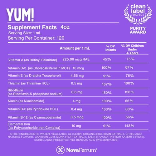 NovaFerrum MMM | Multivitamin for Kids, Infants and Toddlers | Vitamin C, D3, E | Gluten Free Certified | Sugar Free | No Artificial Colors | Ages 4 & Under | Orange Flavored | 2 Fl Oz (50 mL)