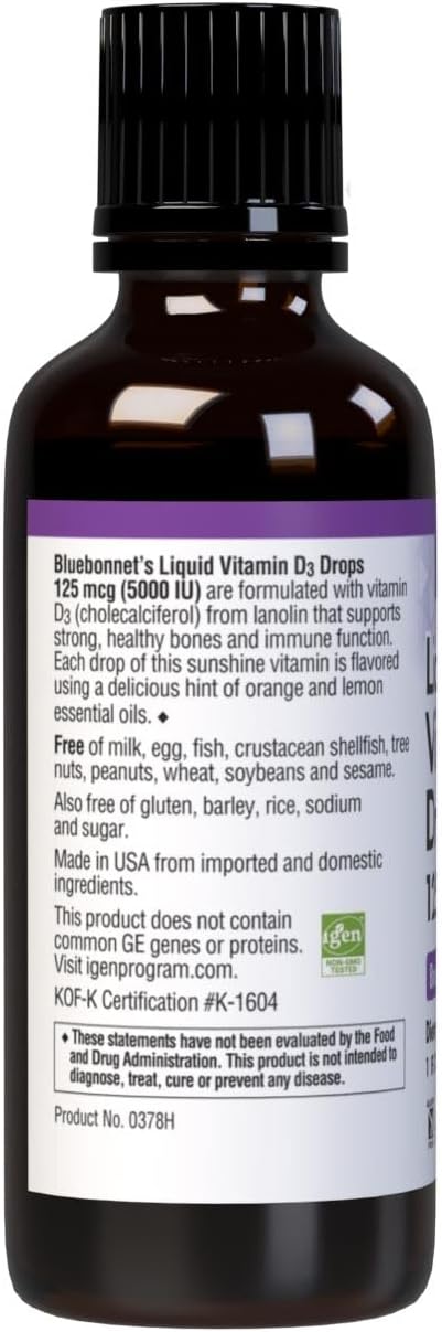 Bluebonnet Nutrition Liquid Vitamin D3 Drops 5000 IU, Aids in Muscle and Skeletal Growth, D3, Non GMO, Gluten Free, Soy Free, Dairy Free, Kosher