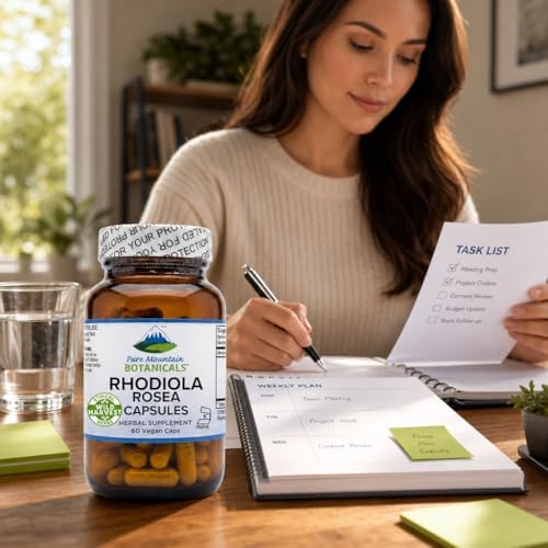 Pure Mountain Botanicals Rhodiola Rosea Supplement - 60 Capsules 250mg - Root Extract Standardized 3% Rosavins 1% Salidroside - Vegan Kosher Gluten