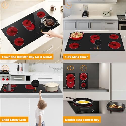 Electric Cooktop 36 Inch 5 Burners, 220~240V, Built in Electric Stove Top, 8400W Radiant Ceramic Cooktop with Hardwired, Touch Control, Child Lock