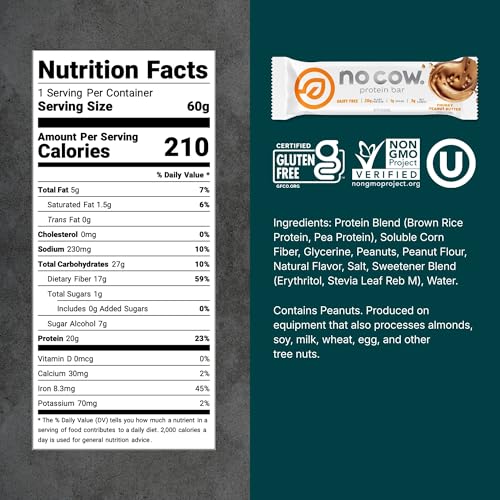 No Cow Peanut Butter Chocolate Chip Vegan Protein Bars, 12 Pack | 20g High Plant-Based Protein, High Fiber, Low Sugar, Gluten-Free, Dairy-Free, Soy-Free, Keto-Friendly Snack Bars