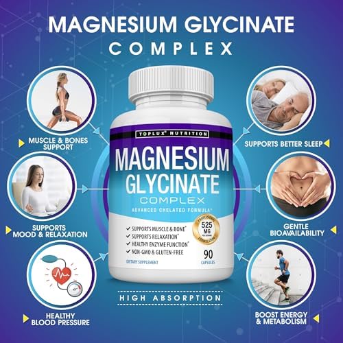 Magnesium Glycinate 525mg - High Absorption Chelated Magnesium Supplement Made with Pure Magnesium Glycinate - Supports Muscles, Sleep, Cramps