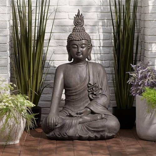 John Timberland Sitting Buddha 29 1/2" High Sandstone Outdoor Statue | Sculpture Zen Asian Japanese Garden Decor Front Porch Patio Yard Outside Home Balcony House Exterior Weathered Light Finish