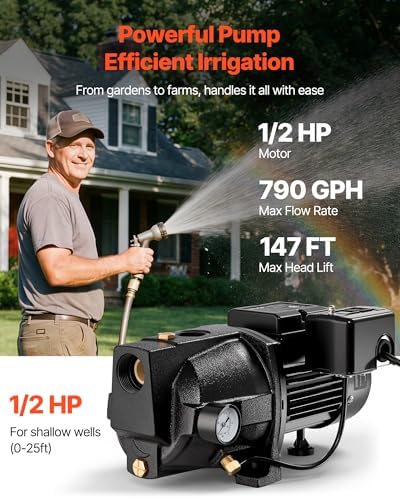 VEVOR 1/2 HP Shallow Well Jet Pump, AC 115/230 Volt, 790 GPH Dual Voltage Cast Iron Well Jet Pump, with 147 ft Max Head Lift, Automatic Pressure Switch, for Garden Irrigation Lawn Sprinkler System