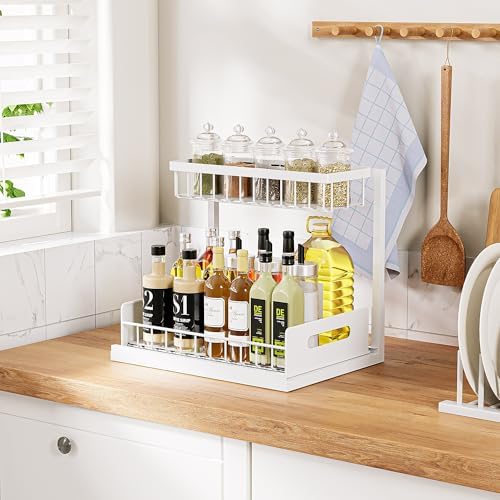 Under Sink Organizer and Storage 2 Pack, Slide Out Cabinet Organizer, Pull Out Sink Shelf for Kitchen Bathroom Laundry, White
