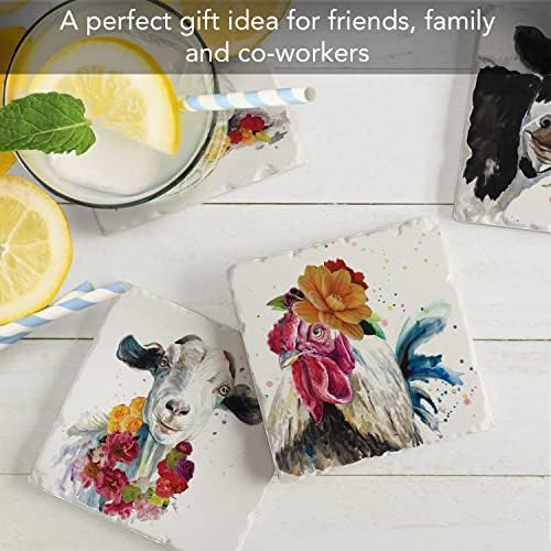 Thirstystone Fancy Farm Multi-Image Absorbent Stone Tumbled Tile Coaster 4 Pack with Protective Cork Backing Manufactured in The USA | 4" Square